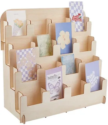 Image de Présentoir en bois Azomor® pour cartes et photos, à 4 niveaux et 16 compartiments, idéal pour le bureau et la