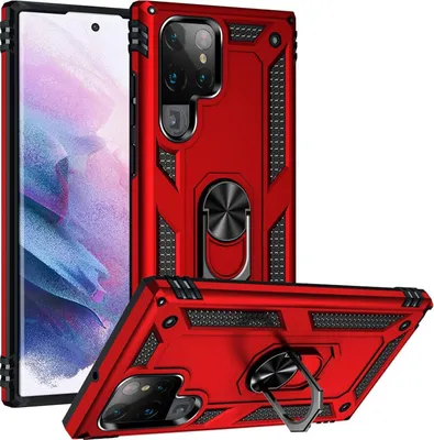 Produktbild von Conie Outdoor Schutzhülle für Samsung Galaxy S22 Ultra Tasche Silikon Hard Case Cover Hülle mit Halter Ständer in Rot
