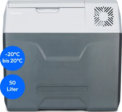 Produktbild von MEDION mobile elektrische Kompressor Kühlbox (50L Kapazität, elektrisch, Mini Kühlschrank & Gefrierbox, USB, 230V 12V 24V KFZ Adapter, für Auto LKW Wohnwagen Camping Boot Garten Festival, MD13112)