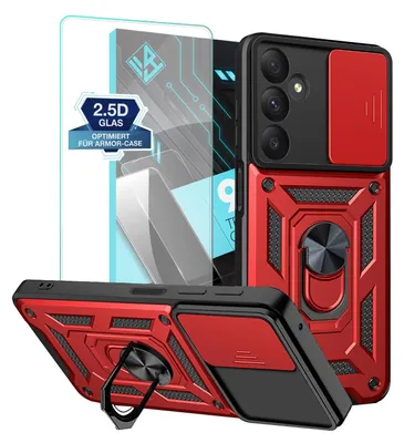 Produktbild von Armor Handyhülle für Samsung Galaxy A35 5G mit 9H Displayglas Displayschutz Kameraschutz Handy Panzer Case Cover Schutzhülle Outdoor Farbe: Rot