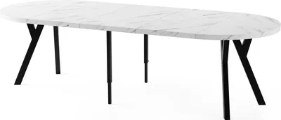 Obrázek produktu pro Jídelní stůl kulatý velký XXL Rozkládací v loftovém stylu - 100 až 250 cm - Extra dlouhý rozkládací stůl s černými dřevěnými nohami, industriální stůl pro 5-14 osob - Jídelní stůl - Mramor bílý