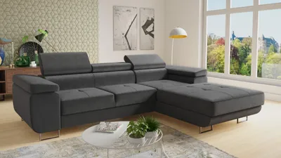 Produktbild von Ecksofa Divo mit einstellbare Kopfstützen und Schlaffunktion, Couchgarnitur, Sofagarnitur, Couch, Schlafsofa (Grau (Kronos 22), Ecksofa Rechts)
