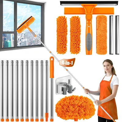 4-in-1 Teleskop-Fensterreiniger, bis 4,6 m, 360°-Kopf, Mikrofaserbürsten