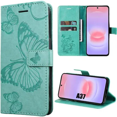 Image de Coque pour Samsung Galaxy A37 5G, Protection Rabat Cuir Synthétique Antichoc Motif Papillon Vert