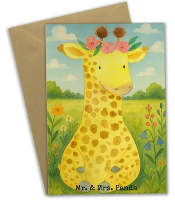Produktbild von Mr. & Mrs. Panda Glückwunschkarte Giraffe Blumenkranz Design - Weiß - Geschenk, Freundin, Afrika, Grußkarte, babykarte, Selbstliebe, einladungskarten, Grußkarten