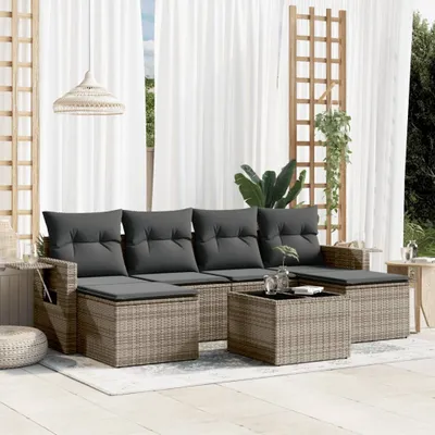 Produktbild von Design 7-tlg. Garten-Sofagarnitur mit Kissen Grau Poly Rattan, Gartenmöbel-Sets 2024 Neu