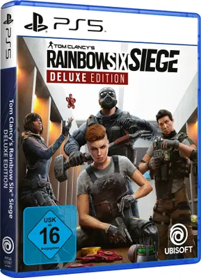 The image shows the front of a PlayStation 5 game case for Tom Clancy's Rainbow Six Siege Deluxe Edition.
