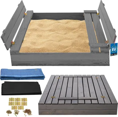 Produktbild von KOTARBAU® Sandkasten mit Abdeckung 100 x 100 cm Grau Großer Holzsandkasten Sandkasten mit Sitzbank und Deckel Gartenspielzeug Kinder imprägniert verschließbar mit Bänken