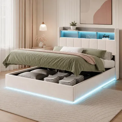 Image de Lit rembourré INONEFT 140x200 cm avec éclairage LED, ports USB et Type-C, prises électriques, sommier à lattes intégré et coffre de rangement, lit double avec espace de rangement, revêtement en velours blanc