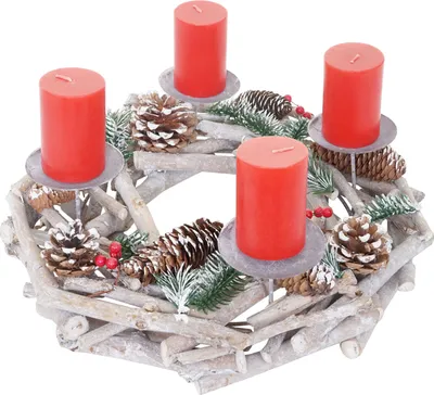 Produktbild von Adventskranz rund, Weihnachtsdeko Tischkranz, Holz Ø 35cm weiß-grau  mit Kerzen, rot