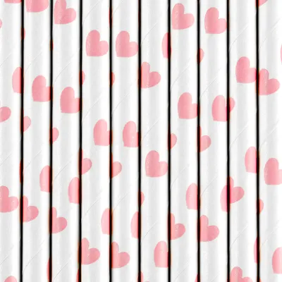 Produktbild von Papierstrohhalme mit Herzen 19cm weiß rosa 10er Set