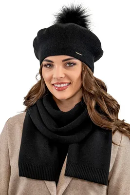 Obrázek produktu pro Vivisence dámský baret s bambulí elegantní zimní čepice a šála teplá pokrývka hlavy a nákrčník na zimu a podzim teplá tlustá, zimní sada pro ženy, vyrobeno v EU, černá, vejce