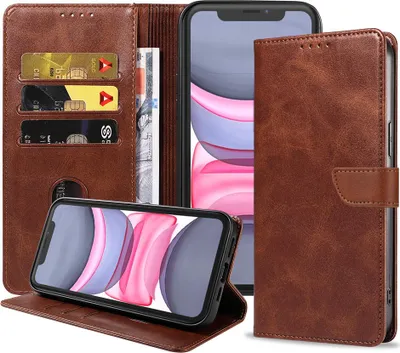 Zdjęcie produktu dla Etui na telefon iPhone 11 ze sztucznej skóry z magnetyczną wargą i uchwytem na karty Etui z klapką - ciemnobrązowy - Smartphonica