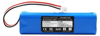 A blue battery pack with a white connector and wires.