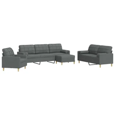Produktbild von 4-tlg. Sofagarnitur mit Fußhocker & Dekokissen Dunkelgrau Stoff