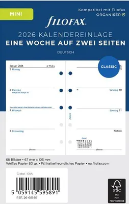 Produktbild von FILOFAX Kalendereinlage 2026 - Mini - 1 Woche = 2 Seiten - weiss - deutsch - 26-68140