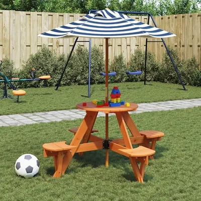 Imagen del producto de Mesa de picnic para 4 niños con sombrilla, de forma redonda, fabricada en madera maciza de pino, con un diámetro de 120 cm, incluye funda para la sombrilla de poliéster, ideal para terraza, jardín, balcón o espacios al aire libre