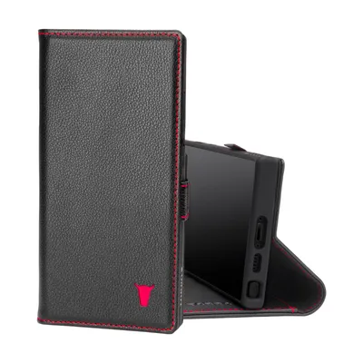 A black leather phone case with red stitching and a red bull logo is shown open, with a phone inside.
