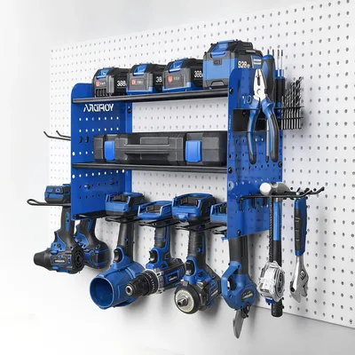 Immagine prodotto di Porta utensili per elettroutensili - Scaffale a parete con 3 ripiani - Supporto robusto per trapani - Sistema di stoccaggio per utensili per garage - Scaffale a pannello forato - 42,9 x 30 x 22 cm