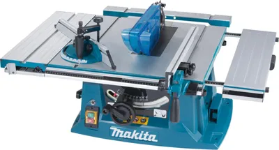 A table saw with its stand, shown from a three-quarter front view.