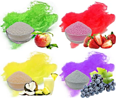 Produktbild von Aromazucker für bunte Zuckerwatte 4 x 250 g mit Geschmack Apfel Erdbeer Pina Colada Traube Farbzucker Zucker für Zuckerwattemaschine