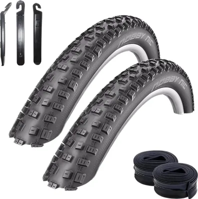 Image de Offre spéciale / 2 pneus Schwalbe Nobby Nic ADDIX E-25 pour VTT électrique, couleur noire 57-584 (27,5 x 2,25) + 2 chambres à air Schwalbe DV19, 3 démonte-pneus inclus