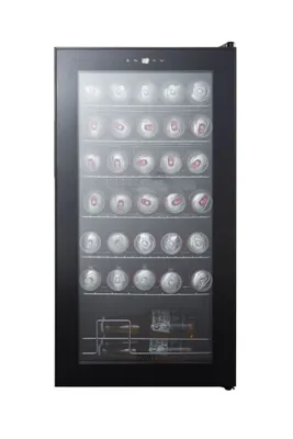 A freestanding beverage cooler filled with cans and bottles.