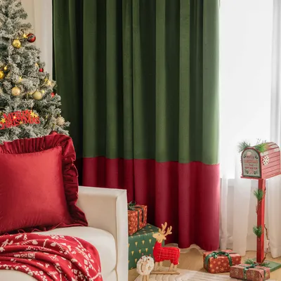 Produktbild von 2er Set Verdunklungsvorhang Blickdicht Samtvorhang Kräuselband Stangendurchzug,Thermovorhang Schlafzimmer Wohnzimmer Weihnachten, Grün+Rot B132xH244cm