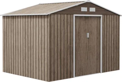 Image de Outsunny Abri de jardin en métal 5,4 m² cabane de jardin 277 x 195 x 192 cm cabanon rangement outils avec kit de fondation, porte coulissante verrouillables et 4 aérations - marron clair