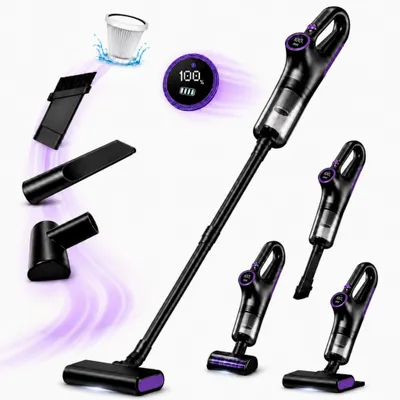 Produktbild von 4-in-1 Akku-Staubsauger, 15.000 Pa, kabelloser Hand- und Stielstaubsauger mit LED-Anzeige & HEPA-Filter, für Hartboden, Teppich und Tierhaare, Lila