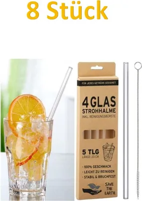 Produktbild von 8x Glas Trinkhalme Trinkrohre Trinkröhrchen Strohhalme Reinigungsbürste Glashalm
