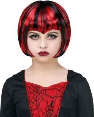 Produktbild von Halloween Hexen-Perücke mit Pagenschnitt für Kinder Schwarz-Rot