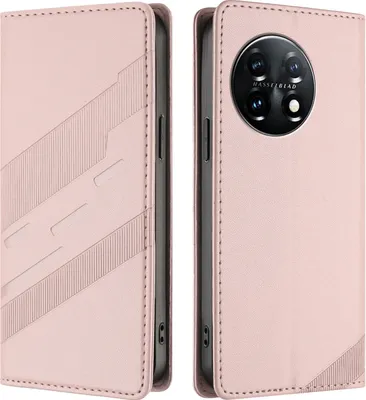 Image de Etui pour OnePlus 11, étui portefeuille en cuirPolyuréthaneavec fente pour cartes et fonction stand Rose