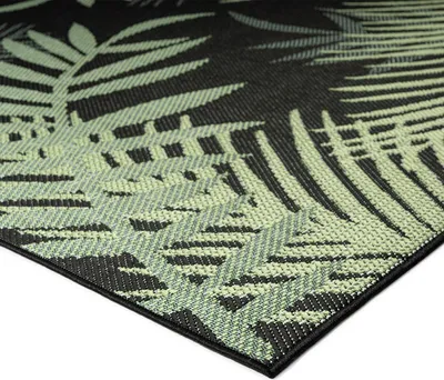 Produktbild von Teppich Flachgewebe für Terrasse Balkon Küche In- und Outdoor Palmenmotiv Grün Schwarz, Farbe:Schwarz, Maße:Ø 160 cm Rund