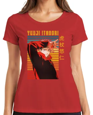 Imagen del producto de Camiseta retro para mujer, diseño de Yuji Itadori de Jujutsu Kaisen (anime/manga), color rojo, talla M