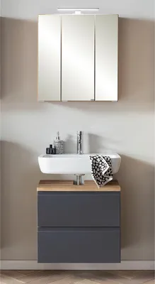Produktbild von Waschbeckenunterschrank mit Spiegelschrank, 60cm, LED Beleuchtung, VASTO-03-GREY, Wotan Eiche Nb. mit grau matt, B/H/T ca. 60/200/35 cm
