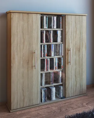 Produktbild von VCM CD Regal Holz | CD Schrank mit 1 ESG-Sicherheitsglastür und 2 Holztüren für 450 CDs oder 195 DVDs oder 108-Videos | Maße: H. 92 x B. 86 x T. 18 cm | Eleganter DVD Schrank | Blu ray Schrank | CD-Schrank - Santo