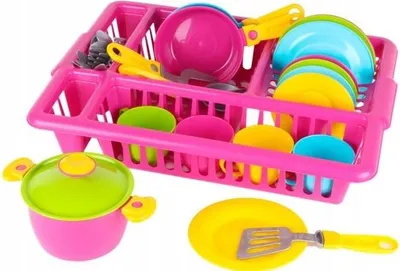 A toy kitchen set with a dish rack, pots, pans, plates, and utensils.