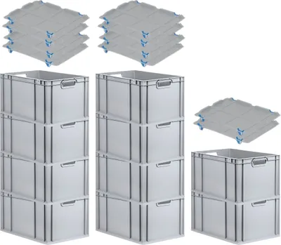Produktbild von SparSet 10x Eurobox NextGen Economy mit Auflagedeckel und 4x Schiebeschnappverschlüsse Blau | Griffe offen | HxBxT 32x40x60cm | 65 Liter | Eurobehälter, Transportbox, Transportbehälter, Stapelbehälter