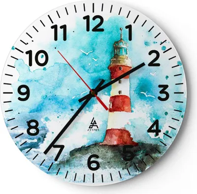 Produktbild von Wanduhr - Rund - Glasuhr - Leuchtturm Wasser Illustration Welle - 40x40cm - Schleichendes Uhrwerk - Lautlos - zum Aufhängen bereit - Dekoration Modern - Wanddekoration aus Glas - C4AR40x40-2939