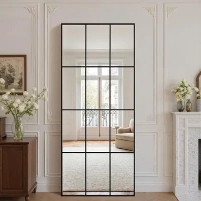 Zdjęcie produktu dla Lustro stojące, 76 x 180 cm, czarne, pełne, montowane na ścianie, możliwość regulacji kąta nachylenia