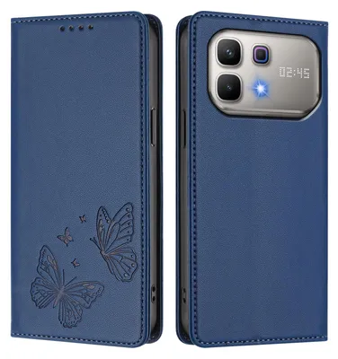 Image de Étui en cuir pour Infinix Note 60 5G, étui de protection type portefeuille en cuir gaufré « papillon » avec support, bleu foncé