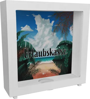 Produktbild von Rahmen Spardose aus Holz aus Keramik mit sommerlichem Strandmotiv und Palmen -