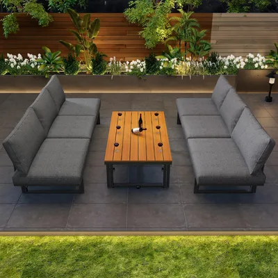 Image de OKWISH Salon de Jardin 3 Pièces avec 2 Canapés, 1 Table, Structure Métallique, Coussins Gris, Bois d'Acacia, Pour Terrasse