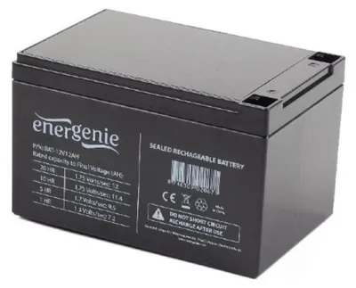 A black sealed rechargeable battery with labels and markings.