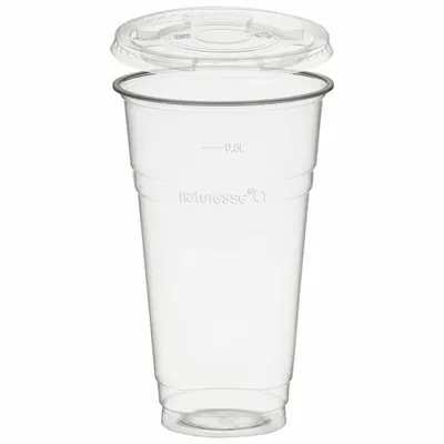 Produktbild von 50x  Trinkbecher 500ml + Deckel flach ohne Loch aus Biokunststoff (PLA)