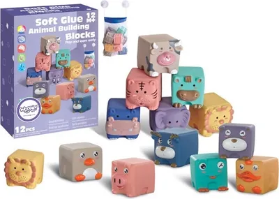 Zdjęcie produktu dla Woopie Baby – sensoryczne klocki-łamigłówki do ściskania z odgłosami zwierząt, 12 szt.