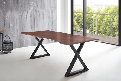 Produktbild von Esstisch Baumkante massiv Akazie nussbaum 240 x 100 X-Gestell schwarz LUBIN