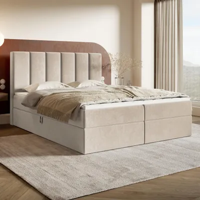Produktbild von MOTIVENA Santiago Boxspringbett 160x200 Beige Samt (Jasmine 21), Taschenfederkern-Matratze (H3), T28 Komfortschaumstoff Topper (H3)