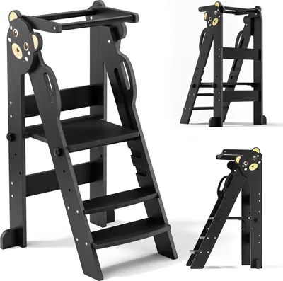Produktbild von Montessori Lernturm - Klappbarer Kinderturm - Höhenverstellbar 3 Stufen - Sicherheitsgeländer - Leicht zu montieren - Holz - Schwarz